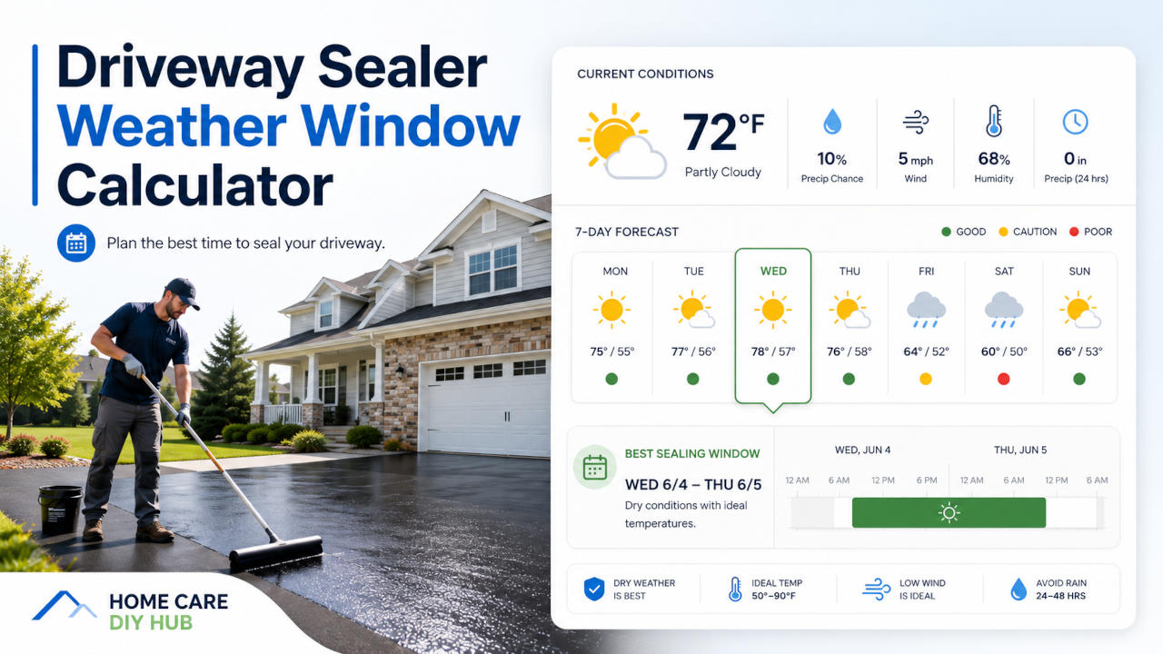 Driveway sealer weather window calculator for checking rain, temperature, and curing conditions