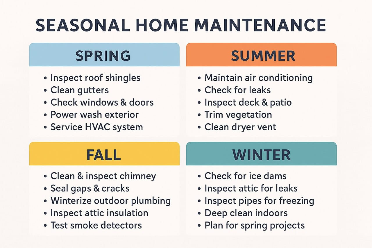 seasonal home maintenance summary infographic Seasonal home maintenance infographic with spring, summer, fall, and winter tasks.